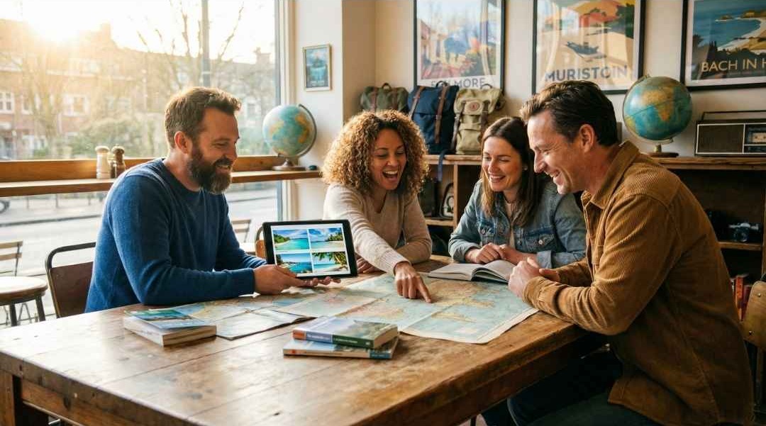 Groupe d'adultes choisissant leur voyage sur mesure avec Yolo